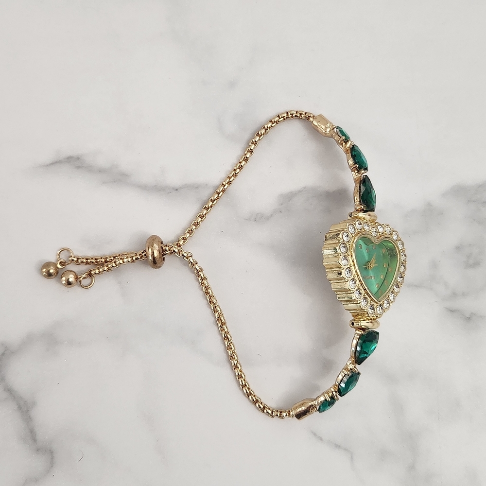 Vintage Green Casual Heart Shape Jewelry With Rhinestones Womens Watch - Picture 4 of 12